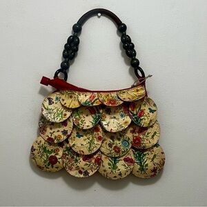 Vintage‎ Floral Scalloped Beaded-Handle Handbag Boho Statement Retro Cottagecore